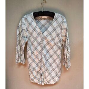 Kleen Womens Linen 3/4 Sleeve V-Neck Button Front Top Shirt Small Plaid Ivory
